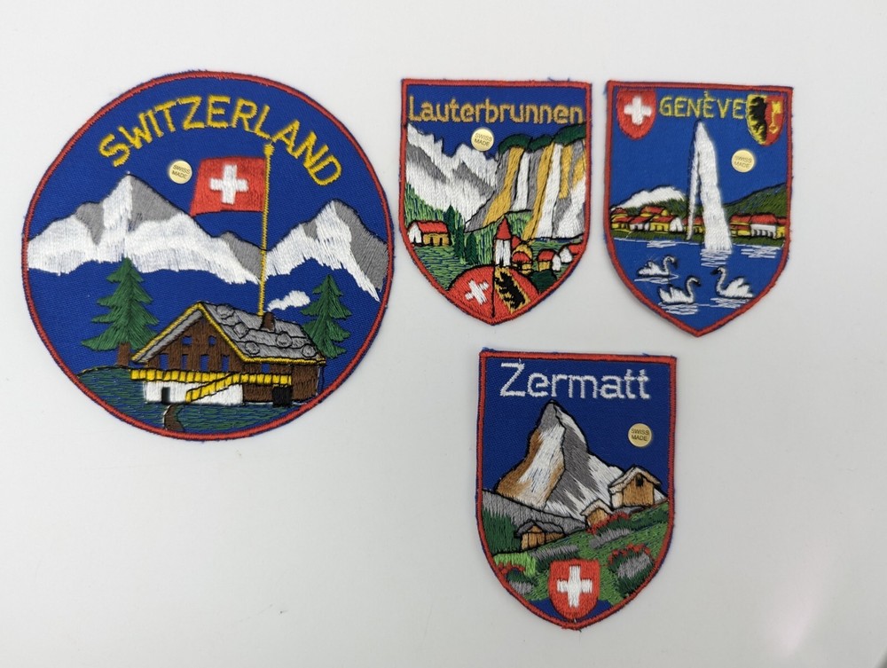 4 vintage Switzerland Cloth Embroidered Travel Patches  Souvenir Mountains Ski