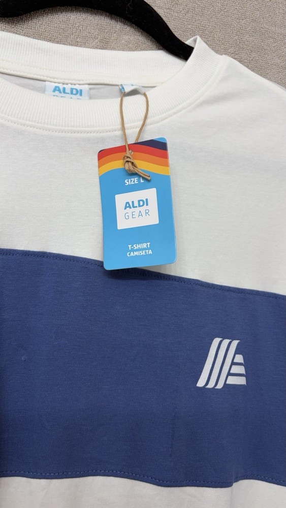 ALDI Gear Men's White/Blue Colorblock Logo Crew Neck Short Sleeve T-Shirt L