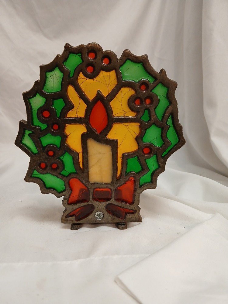 Vintage Tiffany-Style Cast Iron Stained Glass Votive Candle Holder Christmas