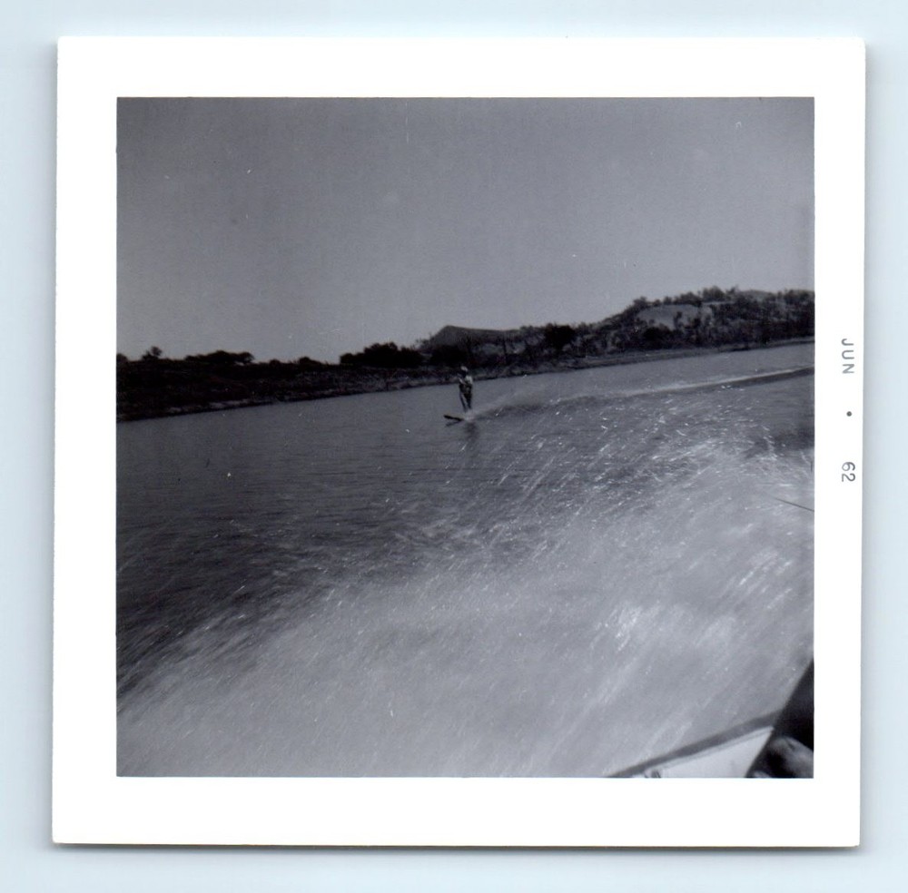 Old Vintage Square Photo SOLO WOMAN ON LAKE WATER SKIING 1962 SNAPSHOT PIC