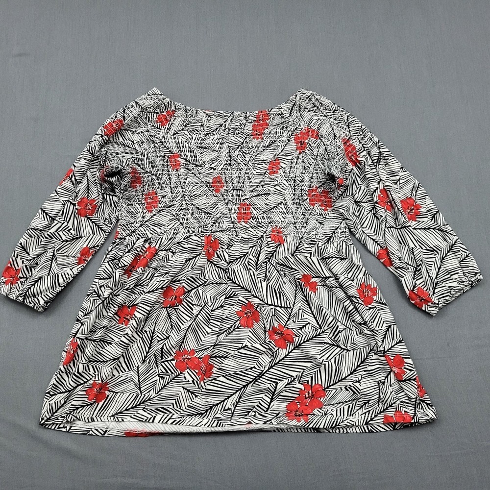 J. Jill Blouse Womens Petite PS 3/4 Sleeve Smocked Boat Neck Floral Black Red