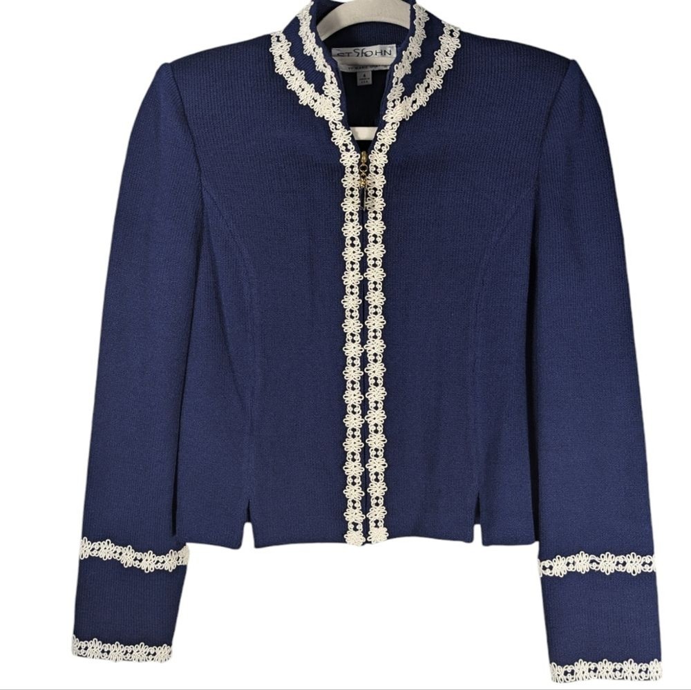 NWT St. John Collection Wool Blend Cardigan Navy White Trim Jacket Sz 4