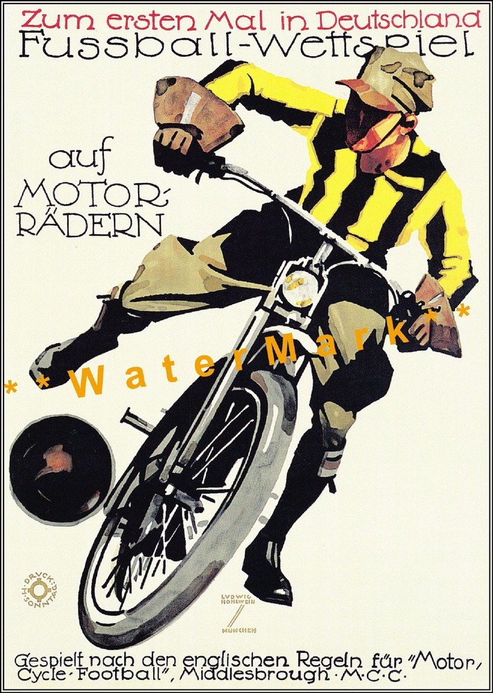 Motorcycle Football 1930 Vintage Poster Print German Sports Soccer Hohlwein Art