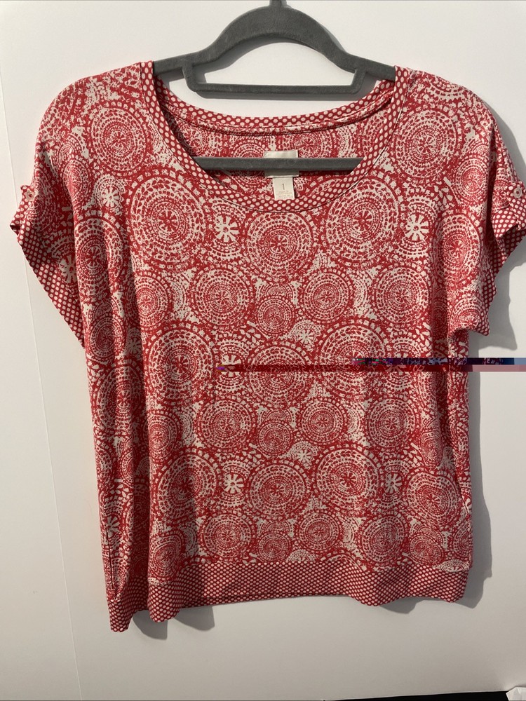 Chicos Coral Red & White Short Sleeve Patterned Top Size 1