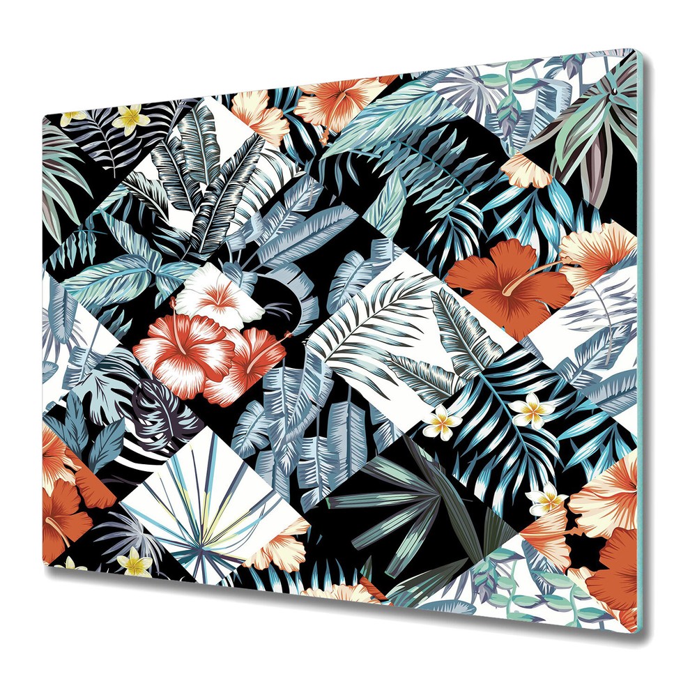 Glass Induction Ceramic Hob Cover Tropical Patchwork Flowers Watercolour 60x52