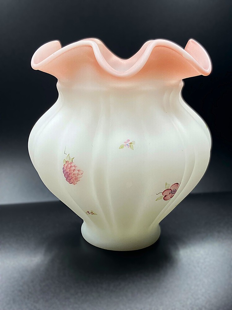 Fenton Glass VASE Hand painted BERRIES & BLOSSOMS Satin Ribbed