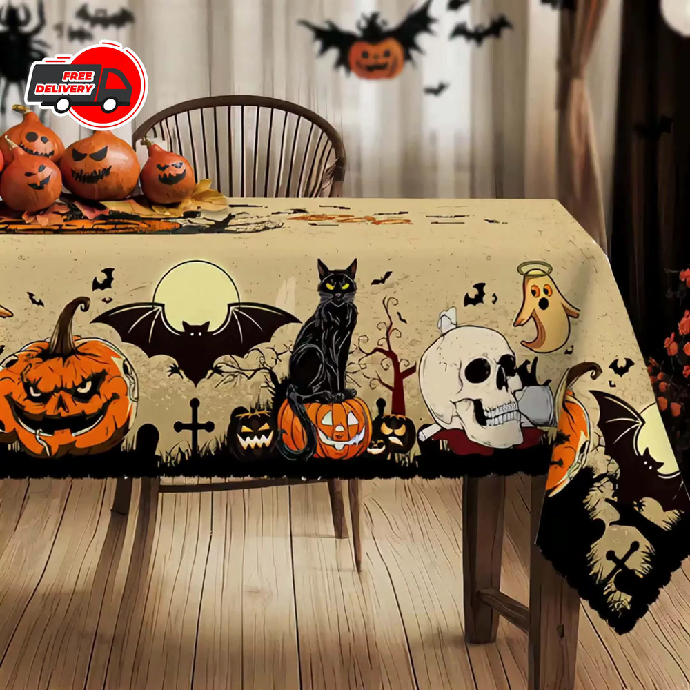 Halloween Pumpkin Bat Skull Tablecloth Spooky Black Cat Polyester Party Decorati