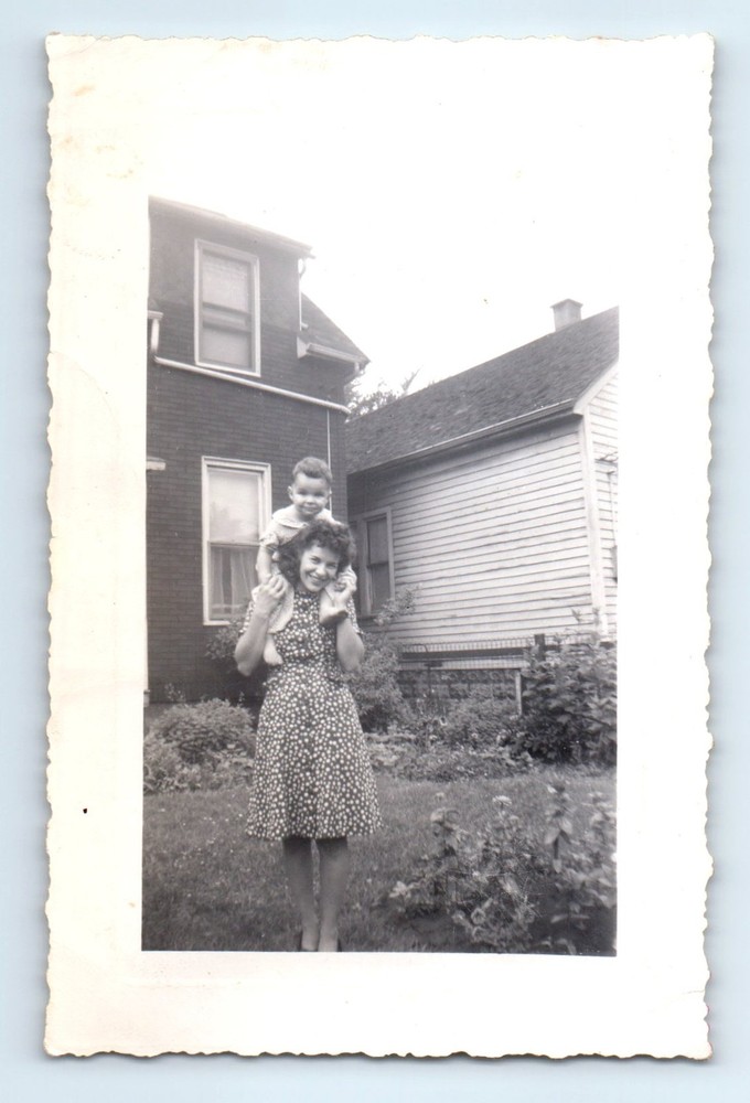 Old Vintage Photo WOMAN AND BOY ON SHOULDERS OUTSIDE HOUSE SNAPSHOT