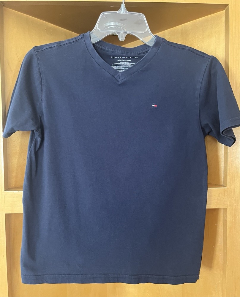 Tommy Hilfiger Boys M (12/14) Navy Logo Cotton Tee Short Sleeve V-Neck