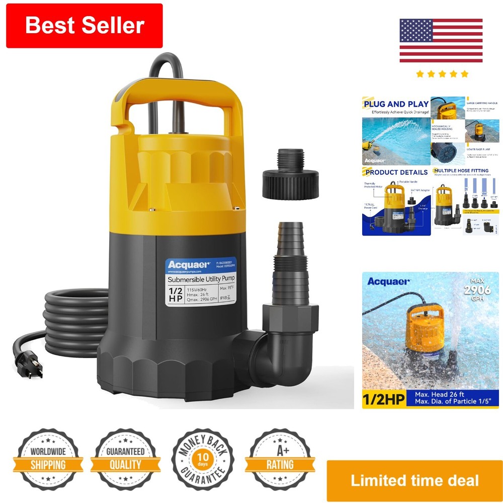 1/2HP Sump Pump - Submersible Water Pump for Hot Tub, Pools, Basements - 2906GPH