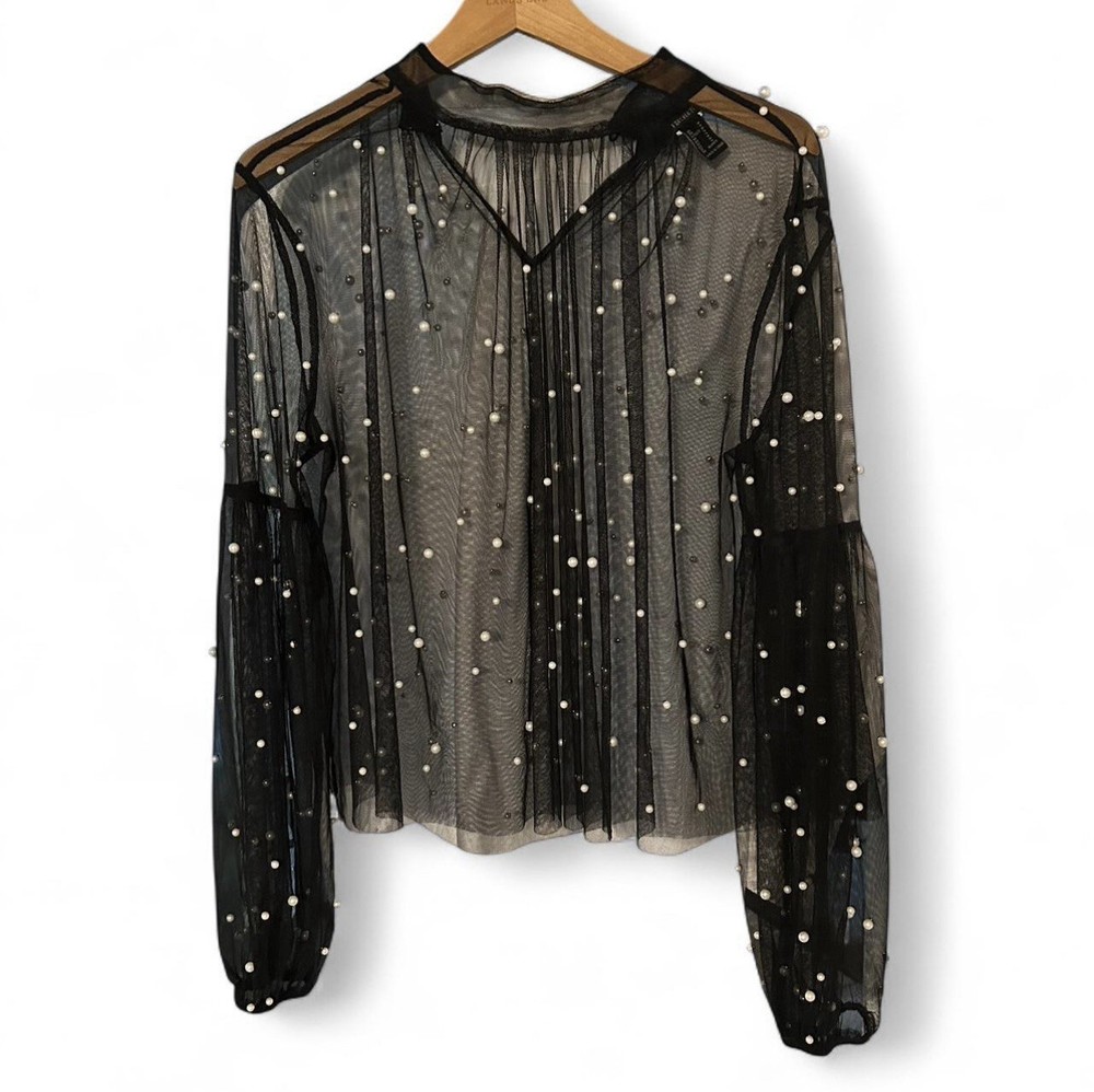 Forever 21 Black Mesh Pearl Long Sleeve Top Women’s Size Medium Sheer Elegant