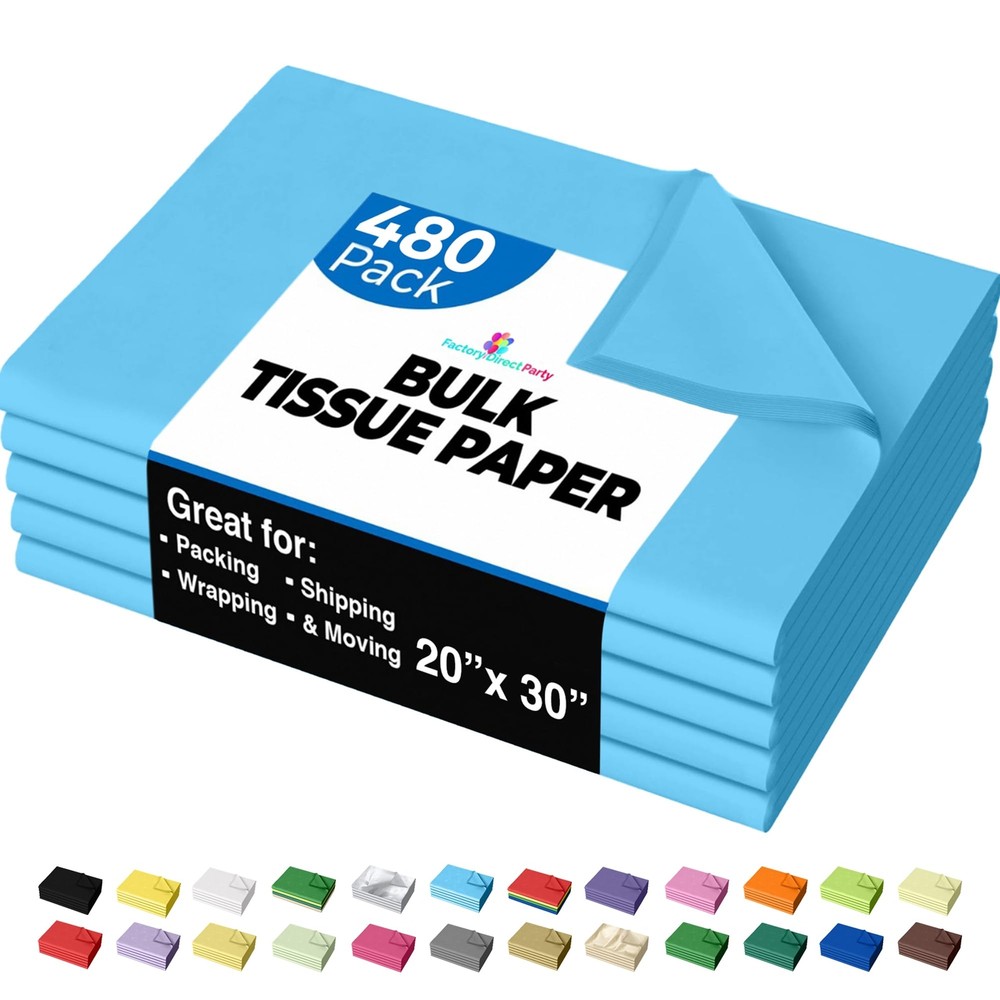 480-Sheet Bulk Light Blue 20x30 Tissue Wrapping Paper for Gifts & Packaging