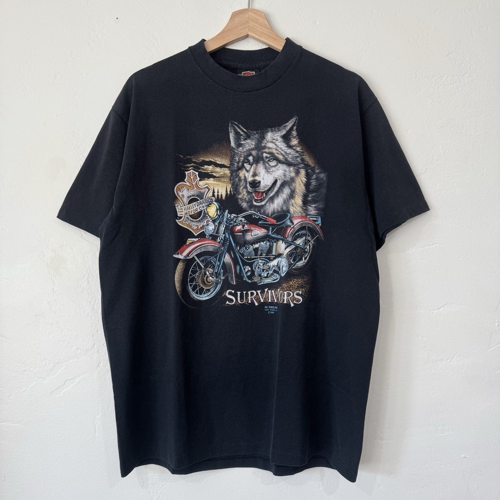 Vintage 1991 3D Emblem Harley Davidson Motorcycles Wolf Survivors Biker Tee