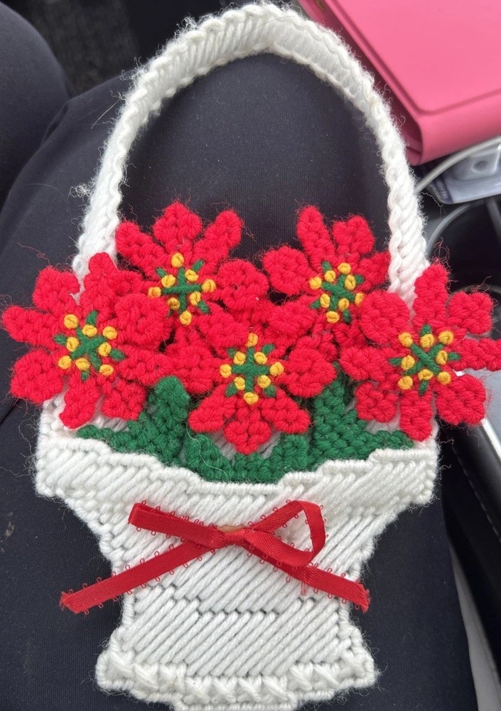 Vintage 80's Plastic Canvas Yarn Needlepoint Poinsettia Christmas Ornament