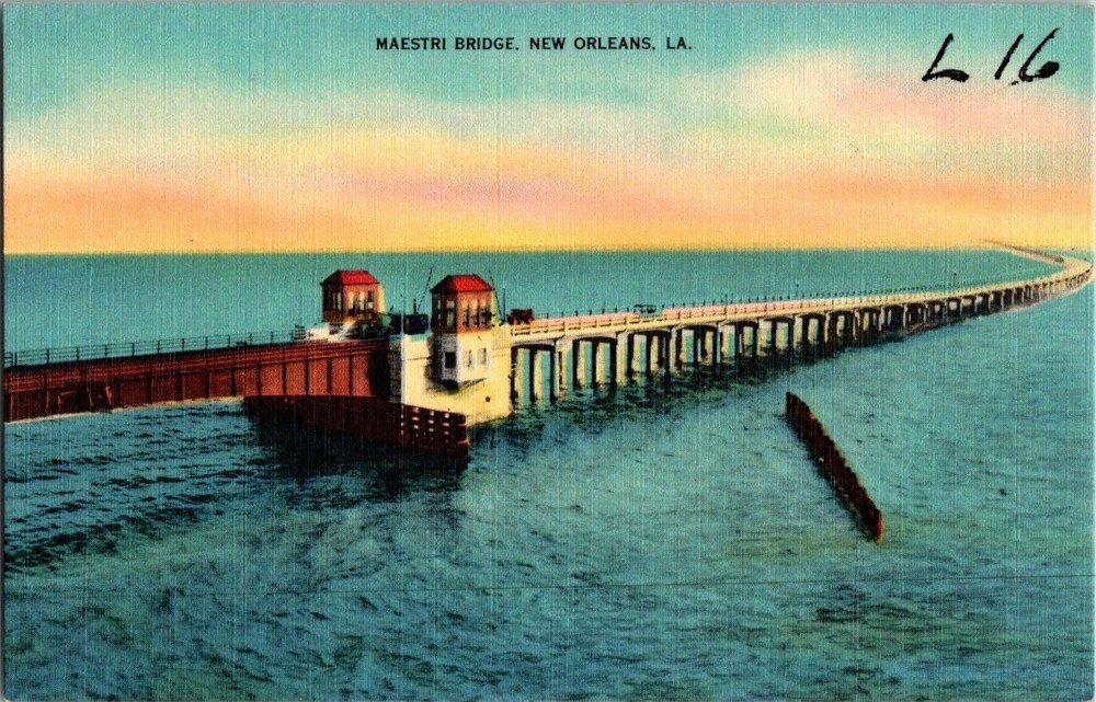 Maestri Bridge Lake Pontchartrain New Orleans LA Linen Postcard