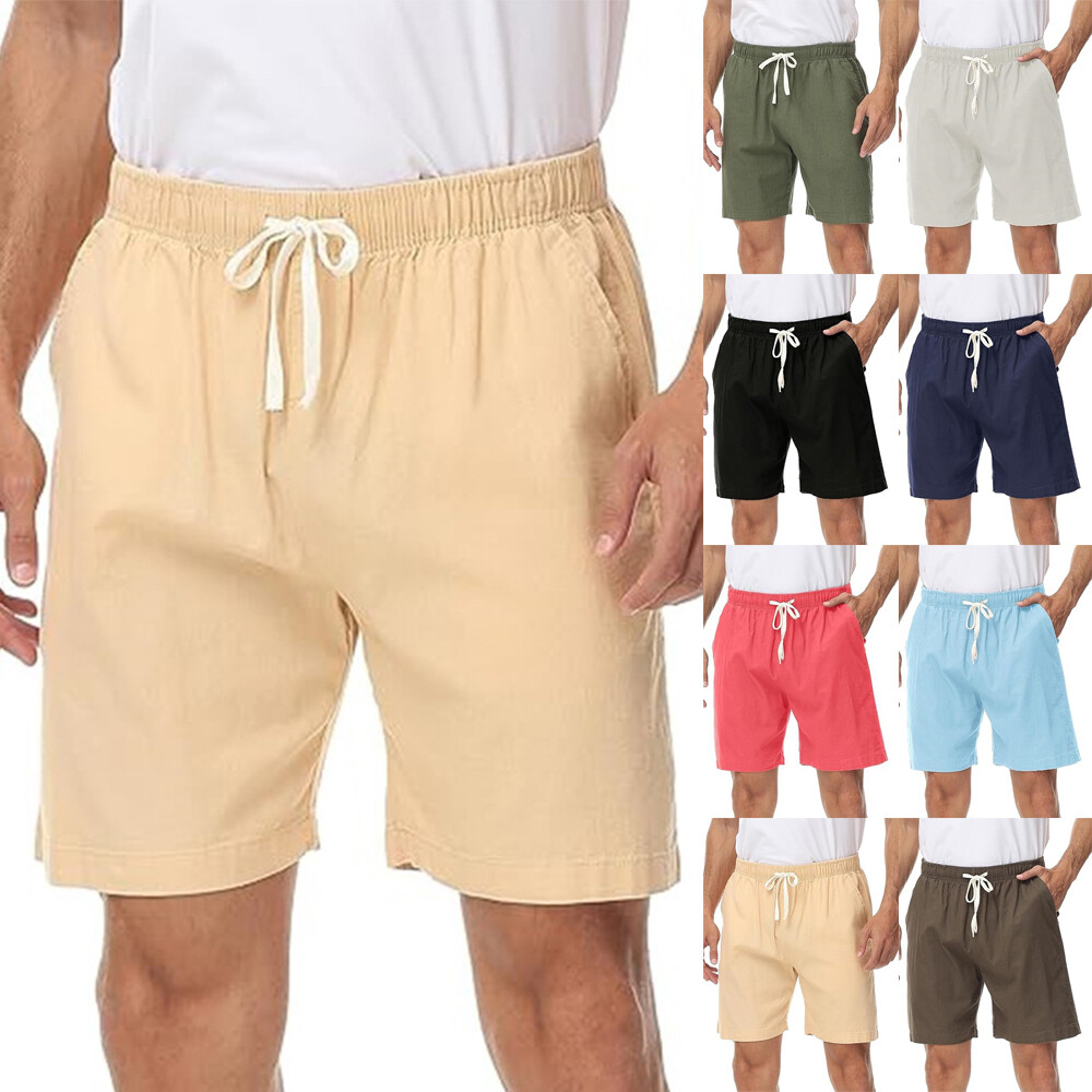 Mens Cotton Linen Shorts Summer Beach Hawaiian Drawstring Waist Short Pants To ✨