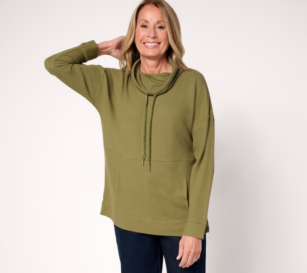 Susan Graver Women's Top Sz XL Weekend Waffle Knit Draped Cowl Neck Green