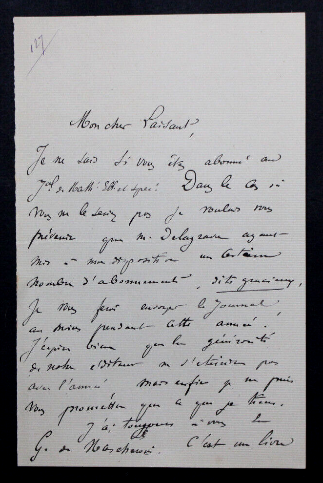 Gaston Albert Gohierre DE LONGCHAMPS - AUTOGRAPH LETTER SIGNED in C.A. LAISANT