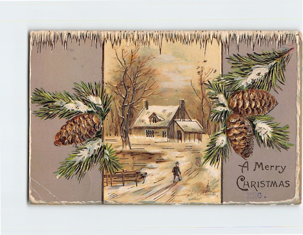 Postcard Winter Scene A Merry Christmas Pine Cones Art Print Embossed Card