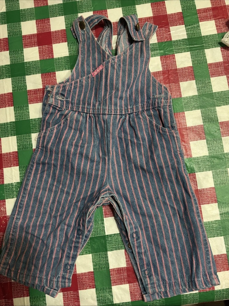 12month Oshkosh Bgosh Vestback Pink and Blue Railroad Stripe Overalls Baby Girl