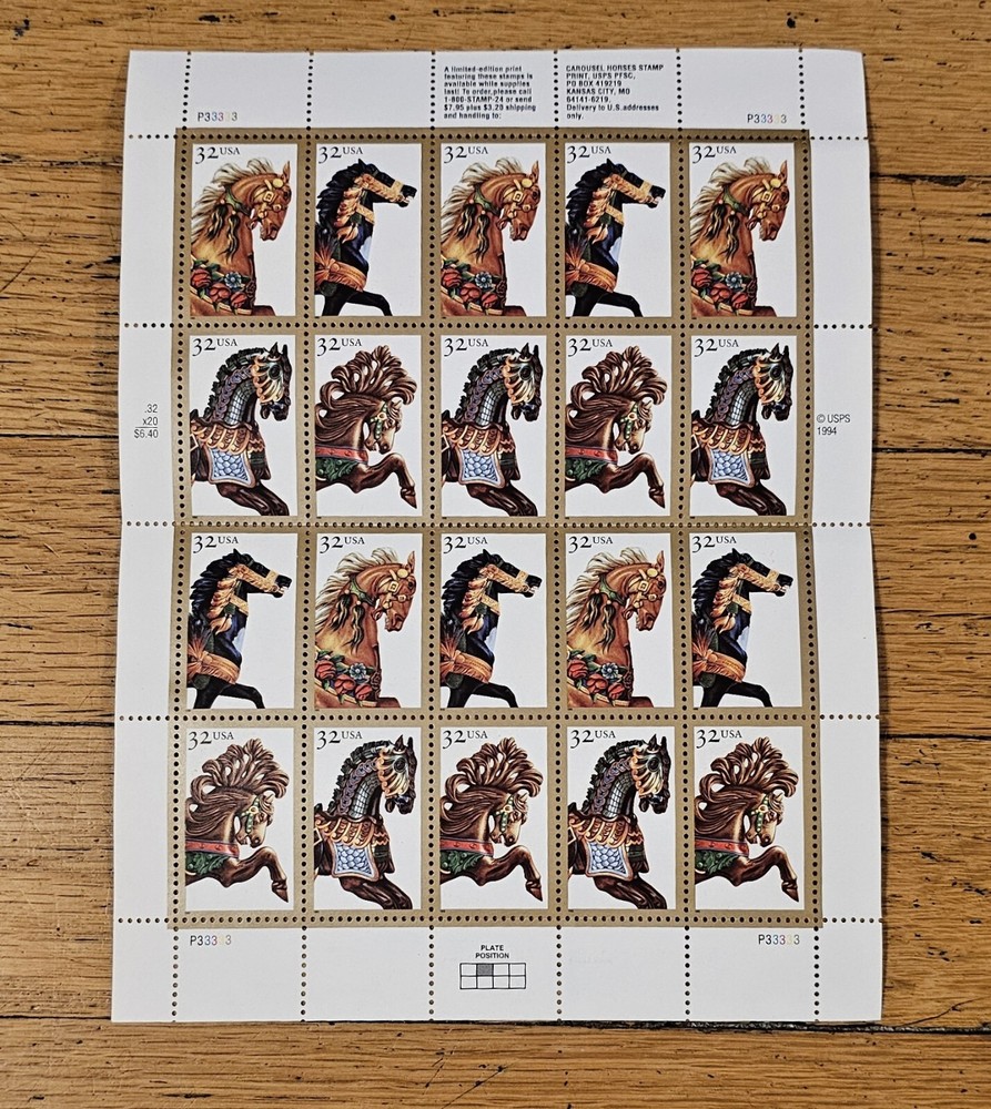 Vintage Carousel Horse Stamp Sheet Of 20 1994 US 32¢ Scott Stamp Collection