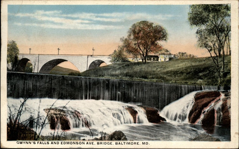 Gwynn's Falls Baltimore Maryland Edmonson Ave Bridge ~ mailed 1918 postcard