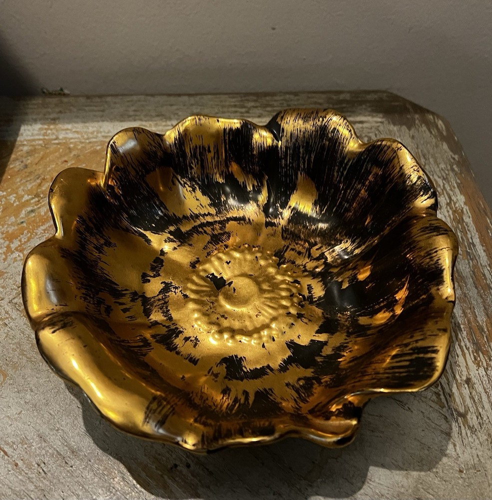 Stangyl Pottery Hand Painted Black Gold Floral Petal Design Bowl