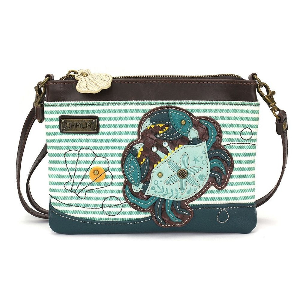 New Chala Teal Blue Stripe Crab Shell Mini Crossbody Cell Phone Purse Bag