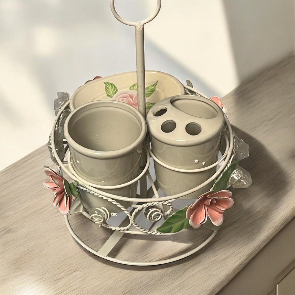 Elegant rose-themed bathroom accessories set for a stylish decor