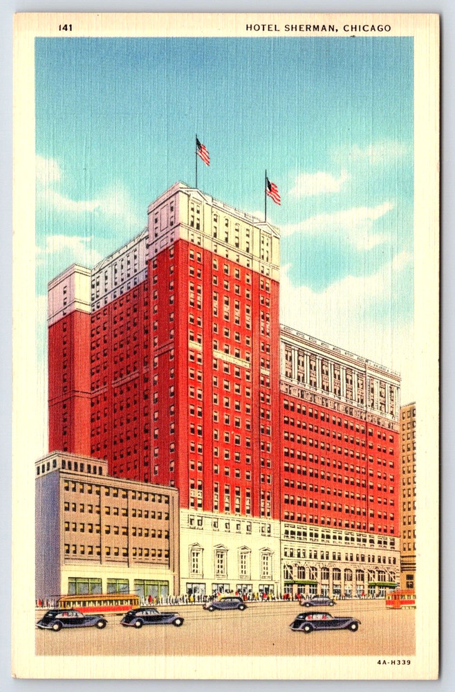 Vintage Postcard Chicago Illinois Usa Hotel Sherman Building Cars Road People