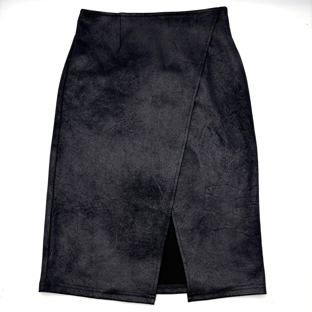 Free People Whitney Black Poly Blend Faux Suede Wrap Front Pencil Skirt S 26x24