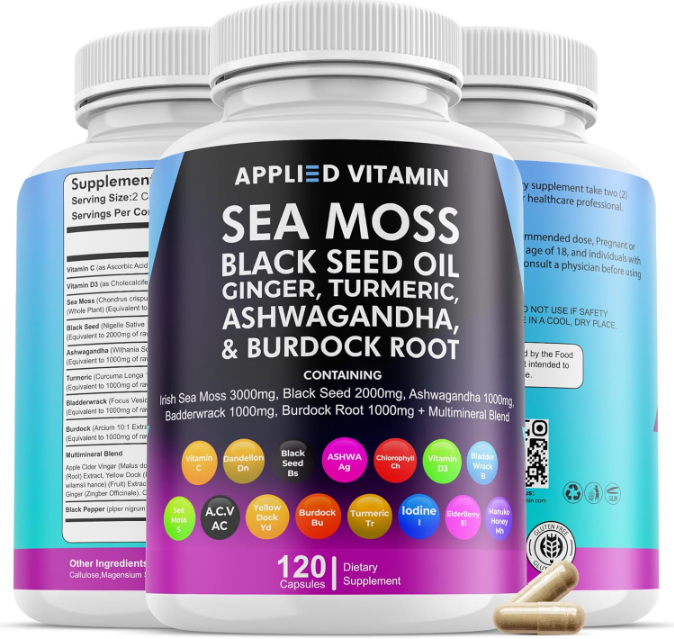 Powerful Sea Moss Blend with Black Seed Oil, Ashwagandha, Turmeric & Ginger - 120 Capsules Made in USA