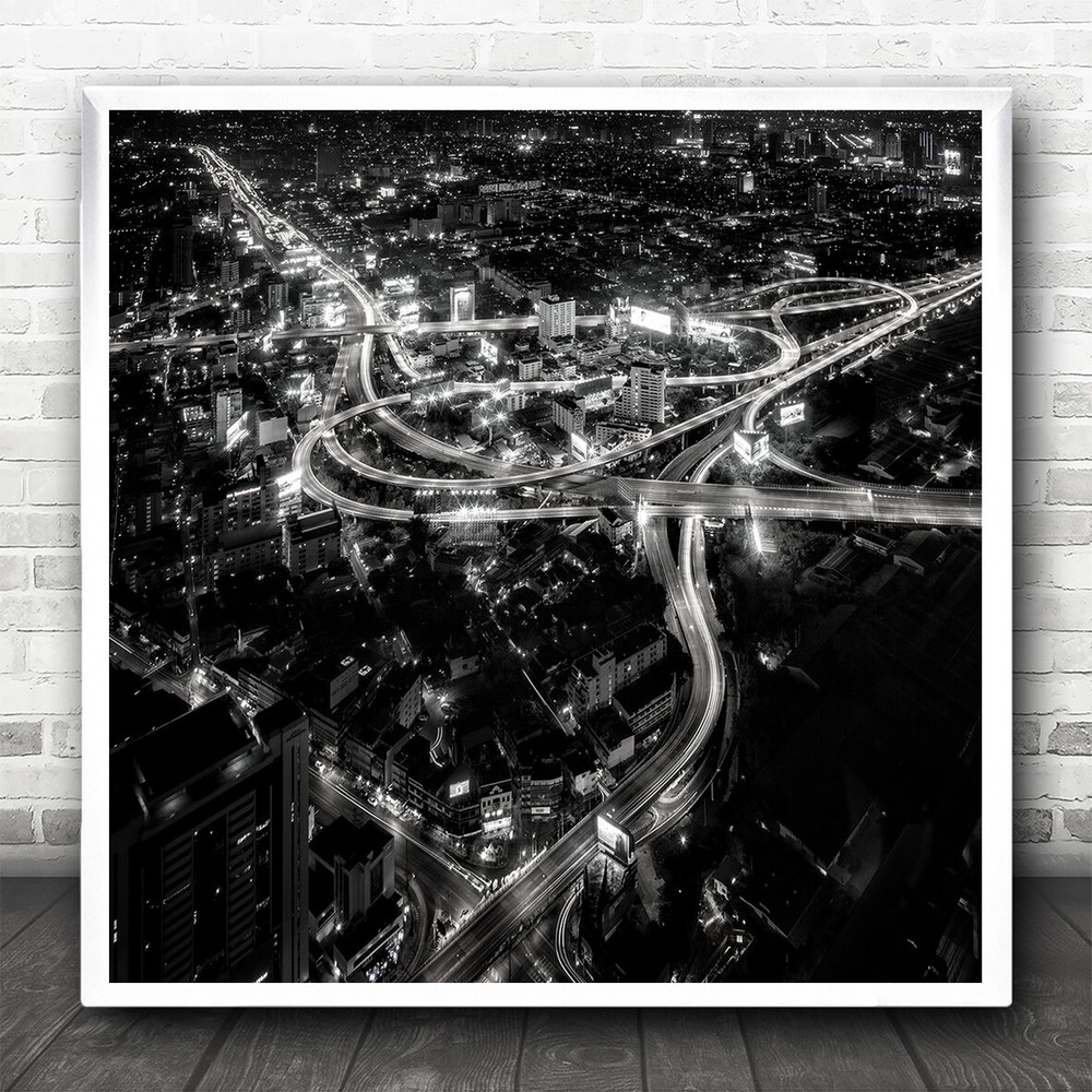 Bangkok Thailand Road Way Night B&W Dark Low-Key Low Key Lights Square Art Print