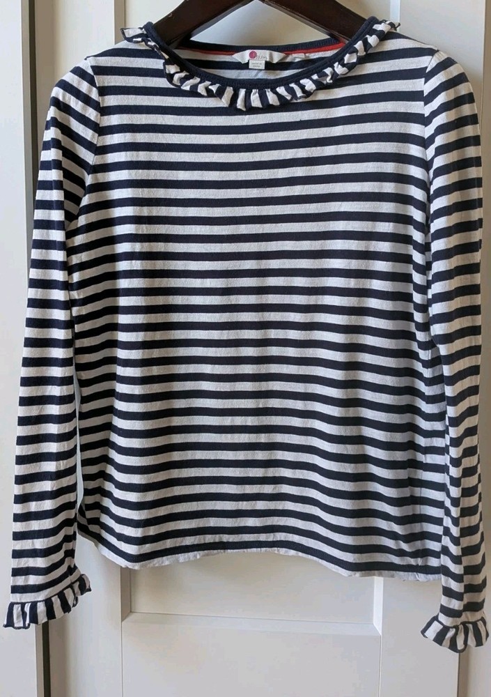 Boden Women's Medium Navy Striped Frill Neck Shirt Breton Stripe Long Sleeve