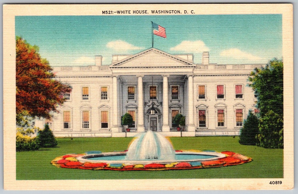 Vtg Linen Postcard White House Fountain North Washington, DC 1930s