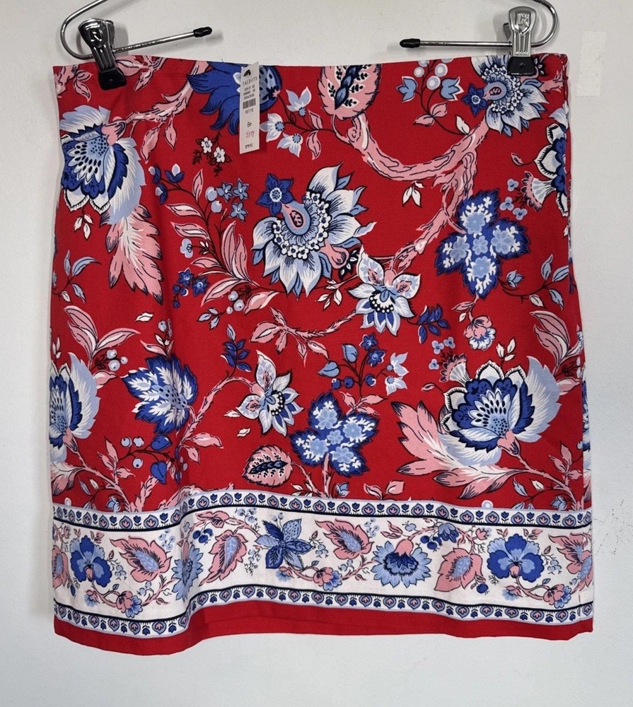 Talbots Canvas A-Line Skirt Vibrant Red Climbing Floral Cotton Blend Size 8P NWT