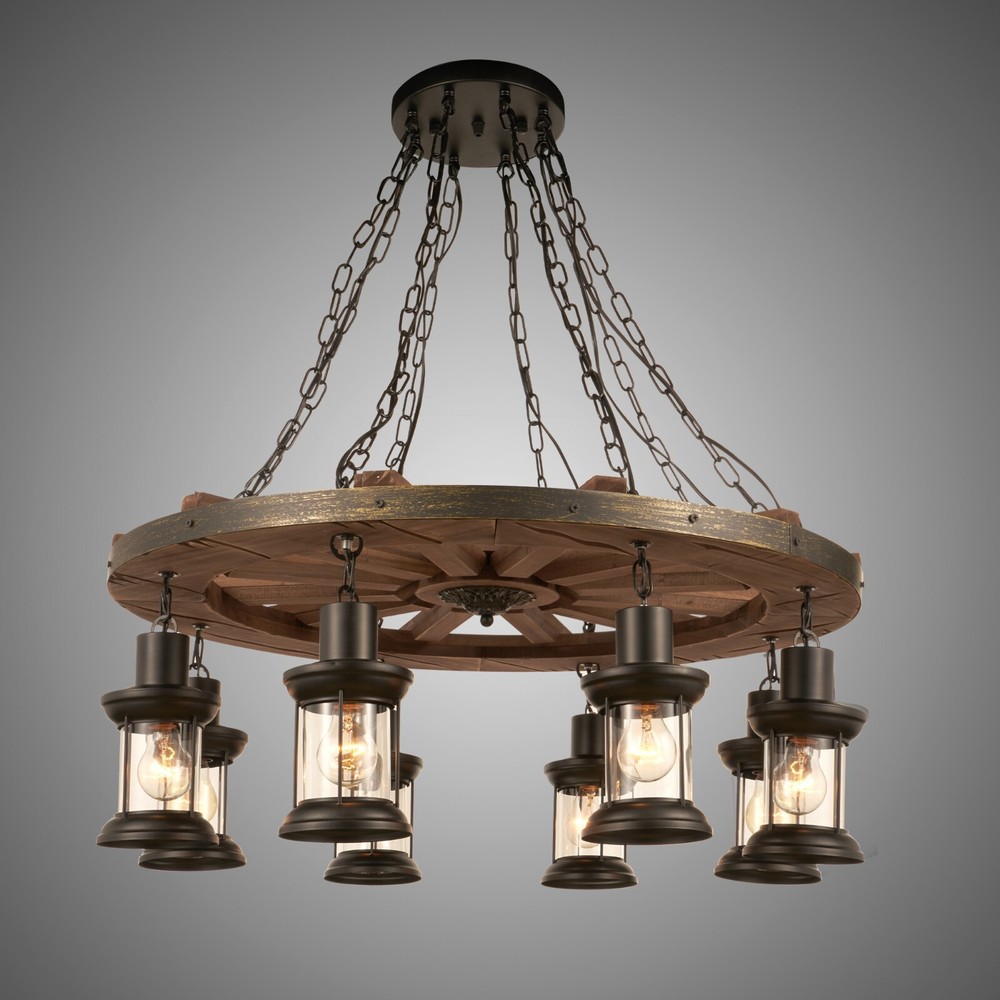 8-Lights Wagon Wheel Chandelier 31.5 in Wooden Industrial Pendant Lamp Fixtures