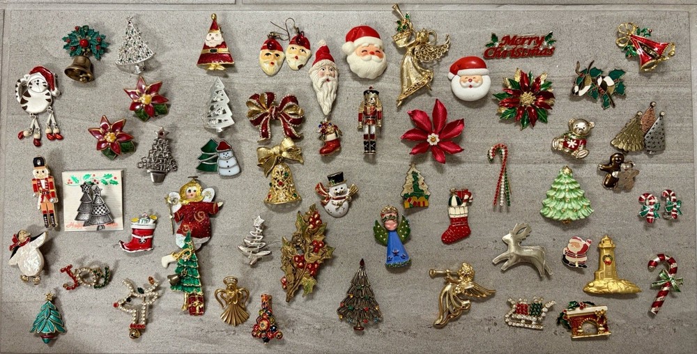 Huge Vintage Christmas Brooch Lot Santa Tree Angel Bells Enamel Holiday Pins