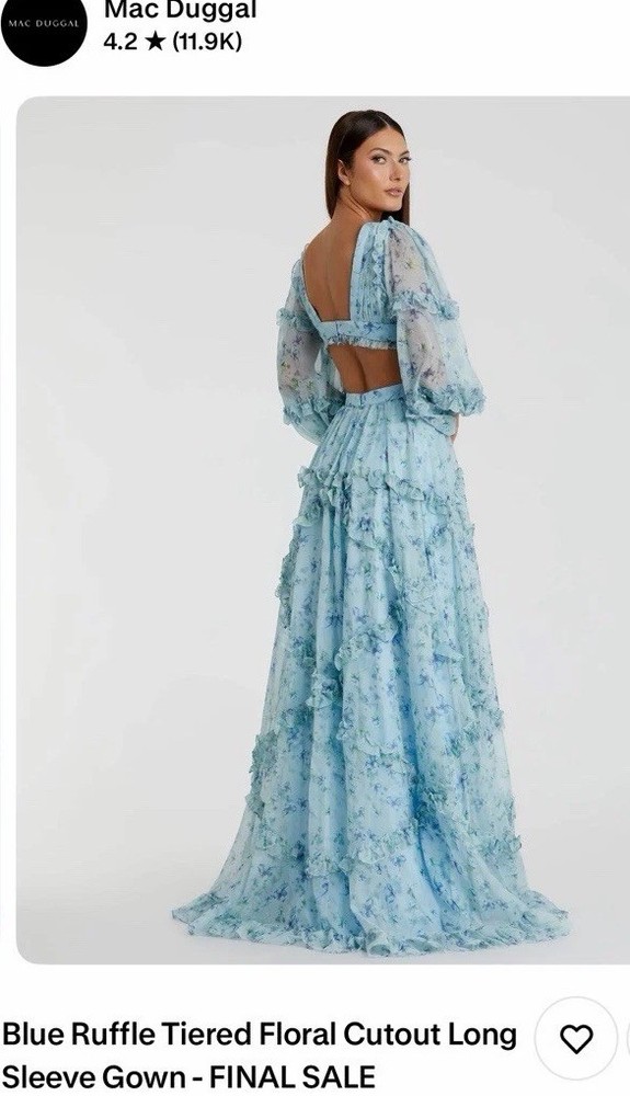 Mac Duggal Blue Ruffle Tiered Floral Cutout Long Sleeve Gown size 0Full Price:$598. Purchased:$149. Donate Proceeds