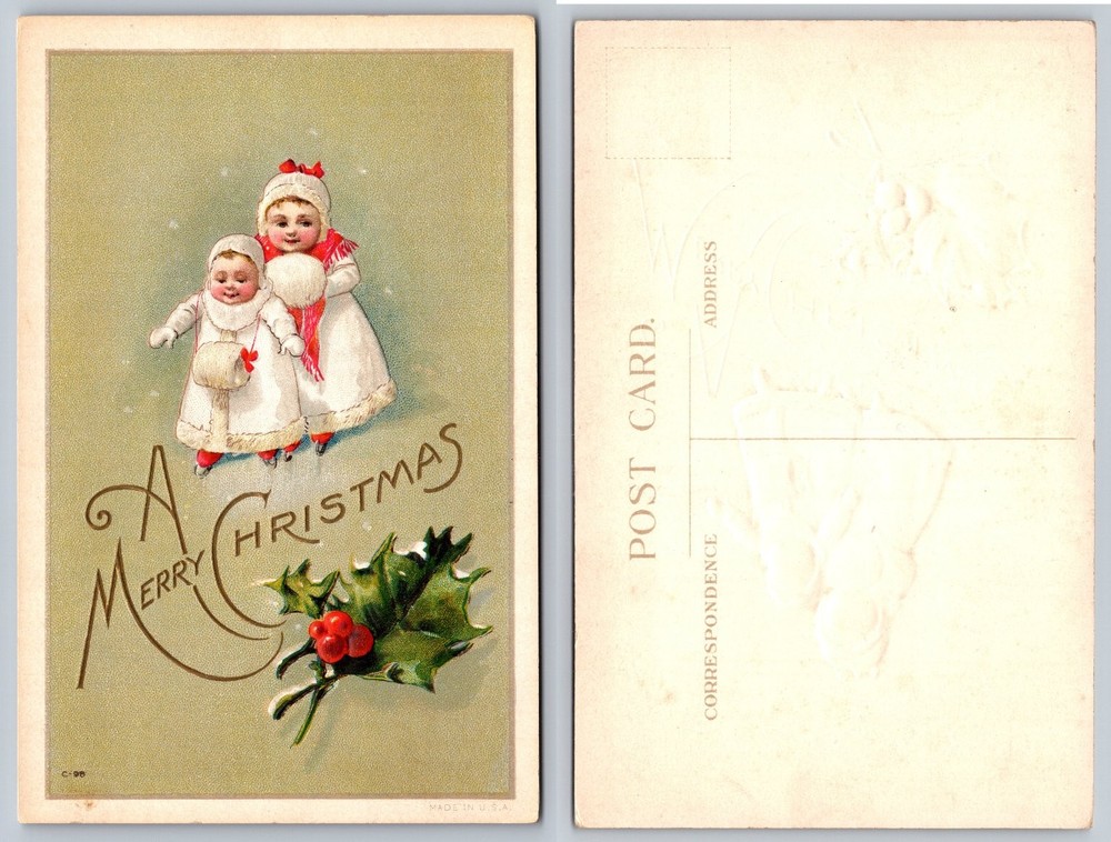 Vintage Christmas Postcard Two Girls Ice Skating Holly Embossed