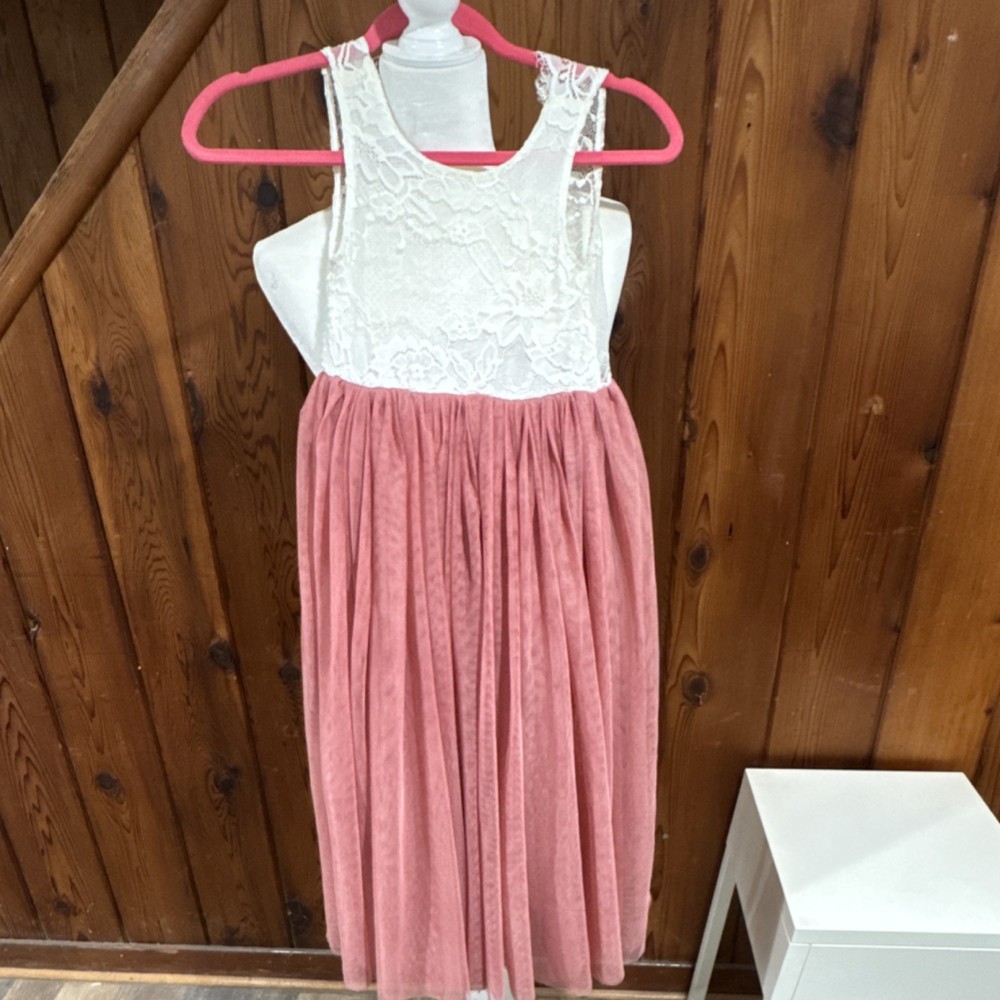 2Bunnies Girls A-Line Midi Dress White Lace Pink Tulle Sleeveless Size 6