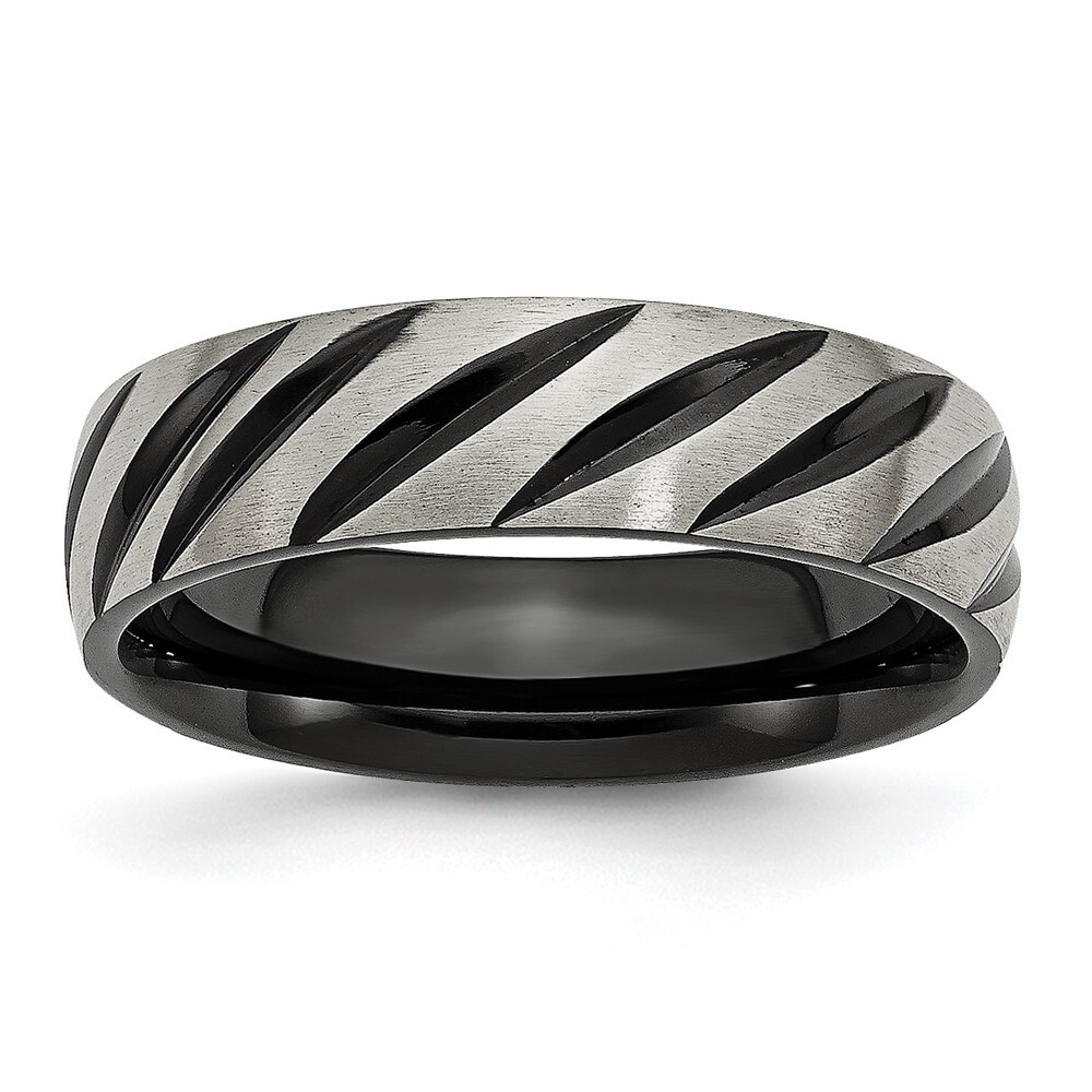 Titanium Brushed and Polished Black IP-plated 6mm Grooved Band Ring Size 9
