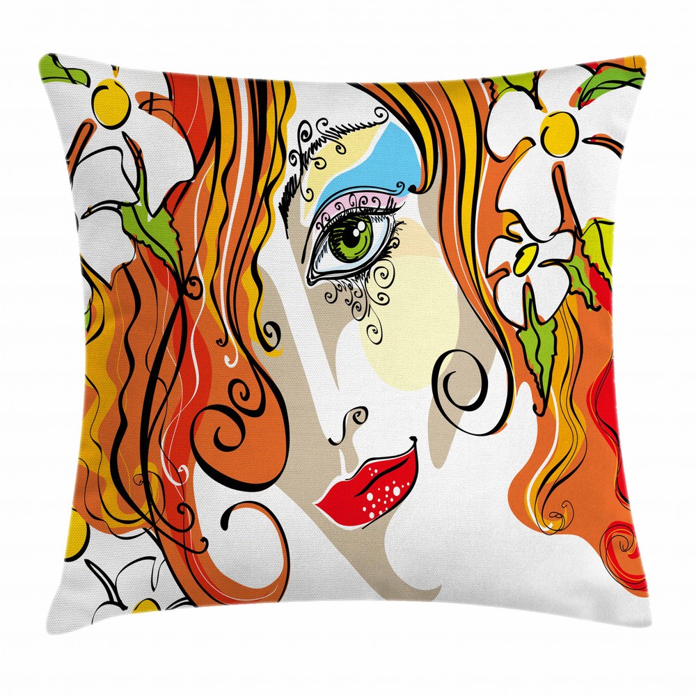 Abstract Floral Red Hair Woman Square Pillow Case 16 Inch Cushion Cover-image