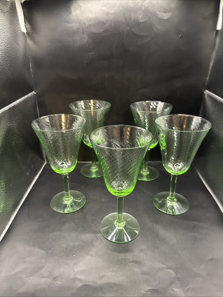 set 5 Depression 1930s Uranium Glass Cocktail Wine Glasses UV Glow Swirl 6 3/4