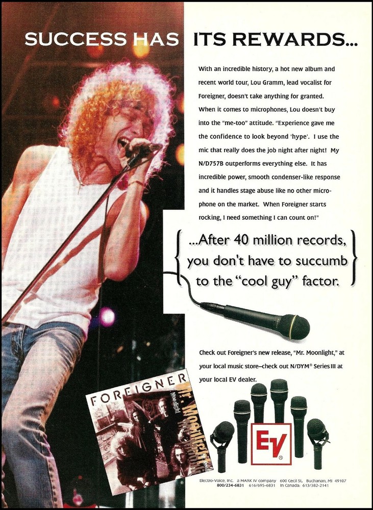 Foreigner Lou Gramm 1995 Electro-Voice EV N/DYM microphone advertisement mic ad