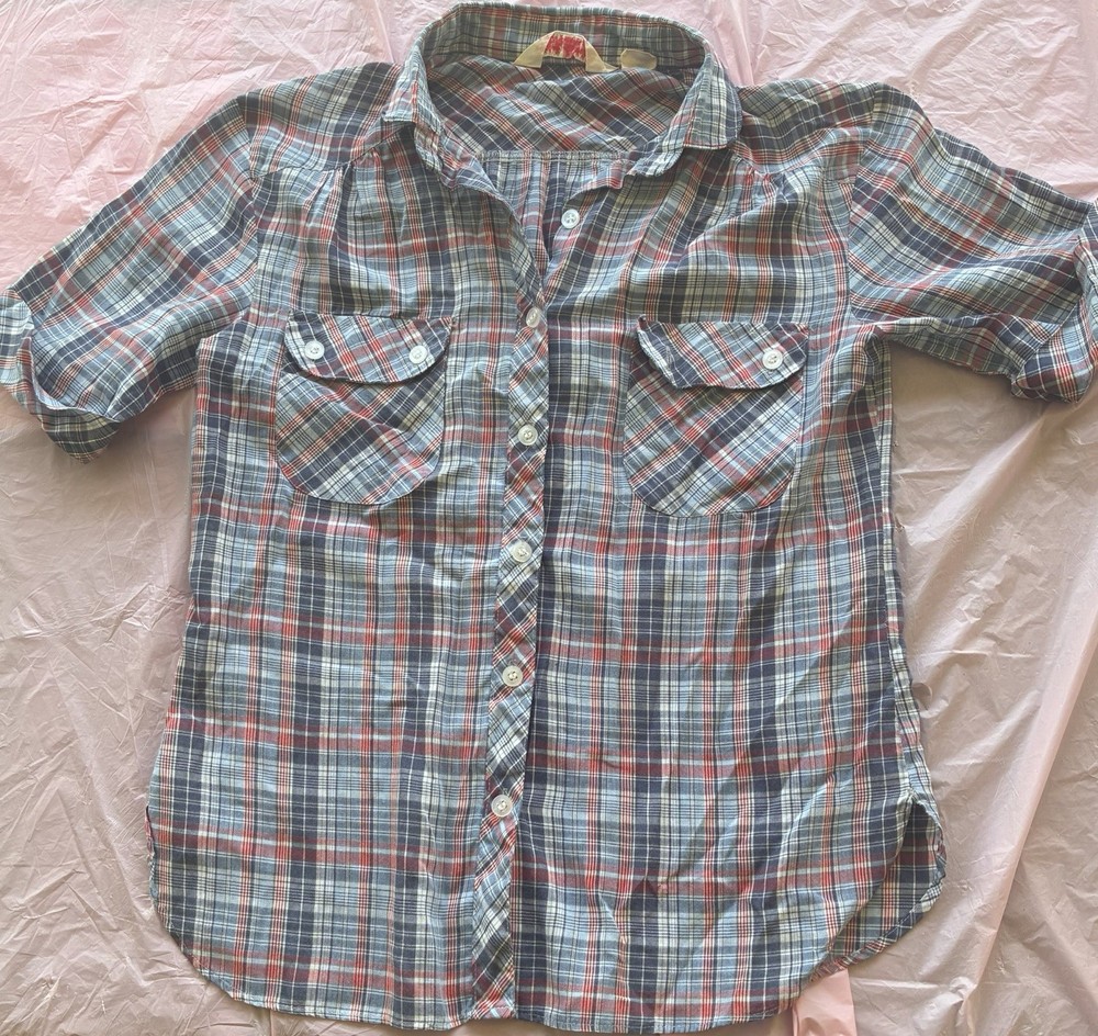 Jean Nicole Women’s Vtg 50s Blue Red Plaid Button-Up Shirt Short Sleeve Pockets