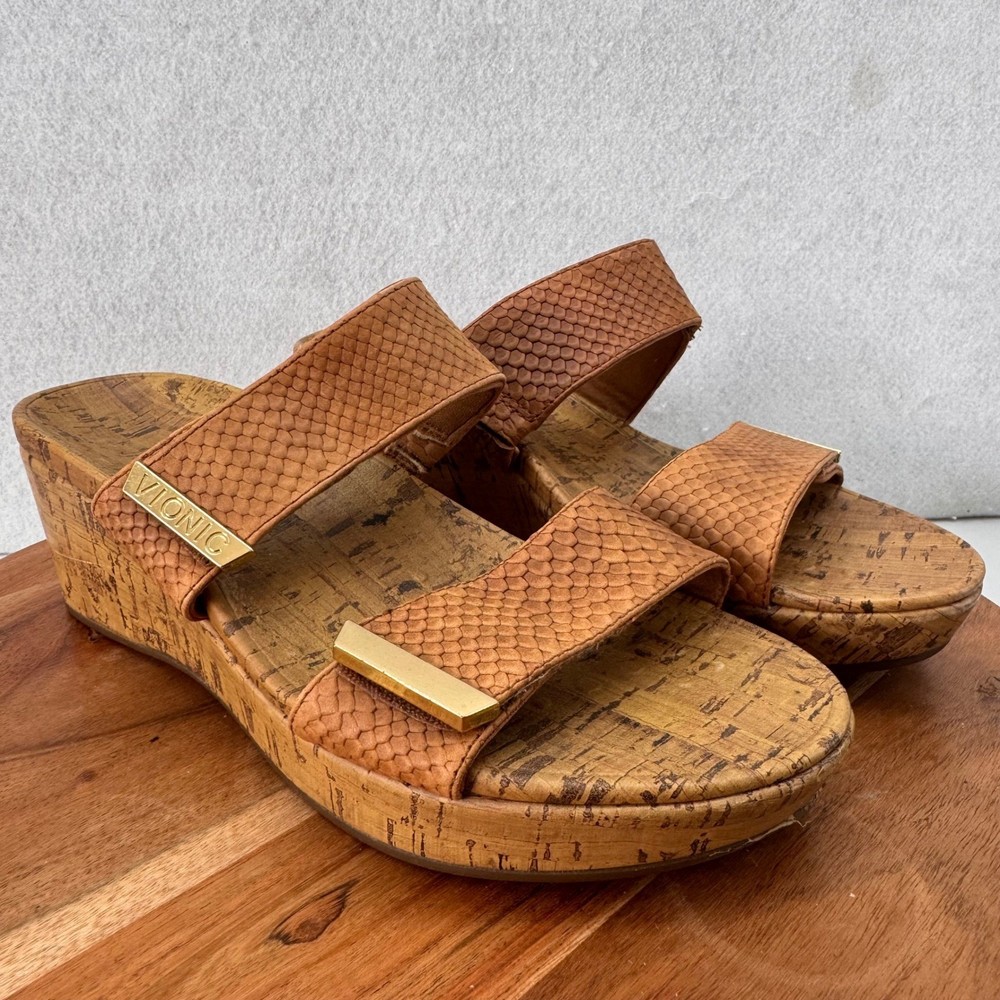 Vionic Cork Wedge Sandals Faux Snakeskin Leather Tan Size 9 Comfort Slide