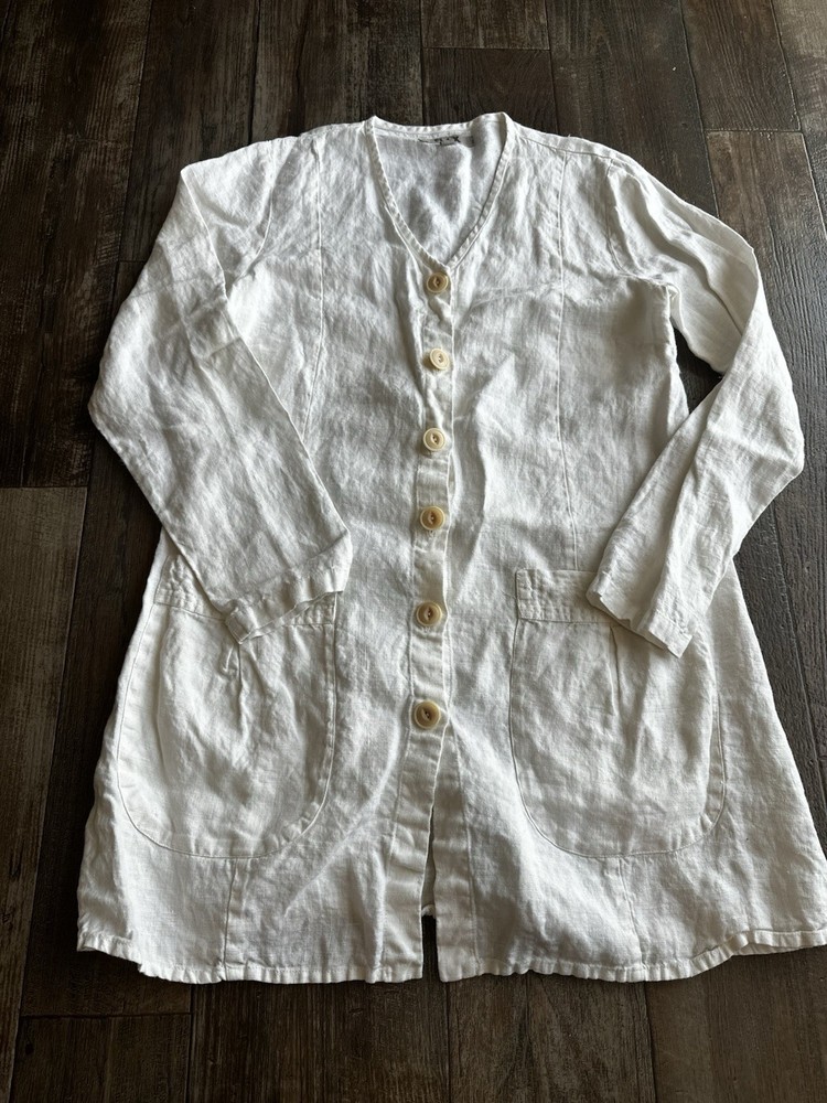 FLAX White Linen Button Up Tunic Lagenlook Coastal Relaxed Cottagecore Boho Sz S