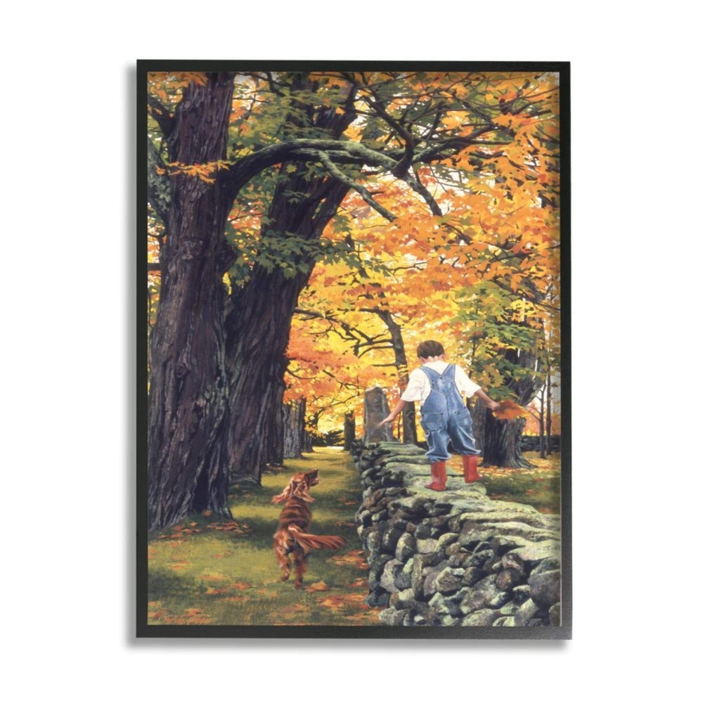 Boy Walking on Stone Dog Heide Presse Black Framed Wall Art, 16x20