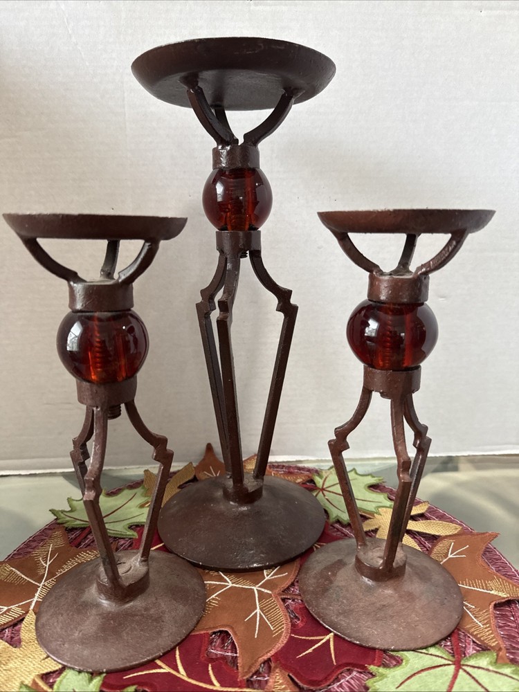 Brutalist Gothic Metal with Round Glass Sphere Candle Holder Set Of 3